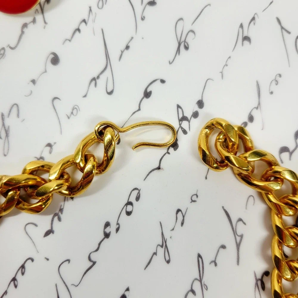 Vintage Monet Red Enamel Choker Necklace Earrings Set, Gold Curb Chain